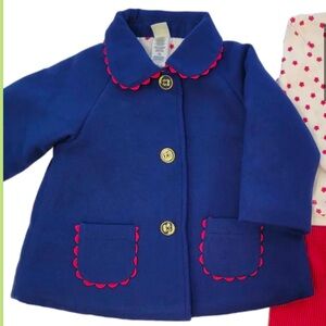 Little Me wool pea coat navy w/ red trim collar & pockets infant baby 12 months